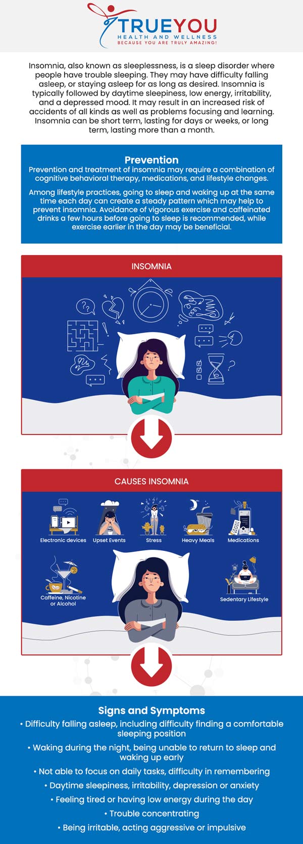 Insomnia treatment encompasses a range of strategies designed to improve sleep quality, including behavioral therapies, medication, and lifestyle changes such as establishing a regular sleep schedule and creating a restful environment. These approaches aim to address the underlying causes of insomnia, providing relief and promoting restorative sleep. Insomnia treatment is available at True You Health and Wellness Clinic. For more information, contact us or book an appointment online. Our clinic is conveniently located at 904 Princess Anne St Suite 207, Fredericksburg, VA 22401.