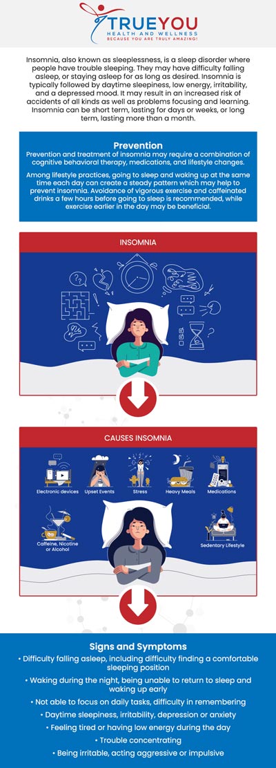 Insomnia treatment encompasses a range of strategies designed to improve sleep quality, including behavioral therapies, medication, and lifestyle changes such as establishing a regular sleep schedule and creating a restful environment. These approaches aim to address the underlying causes of insomnia, providing relief and promoting restorative sleep. Insomnia treatment is available at True You Health and Wellness Clinic. For more information, contact us or book an appointment online. Our clinic is conveniently located at 904 Princess Anne St Suite 207, Fredericksburg, VA 22401.