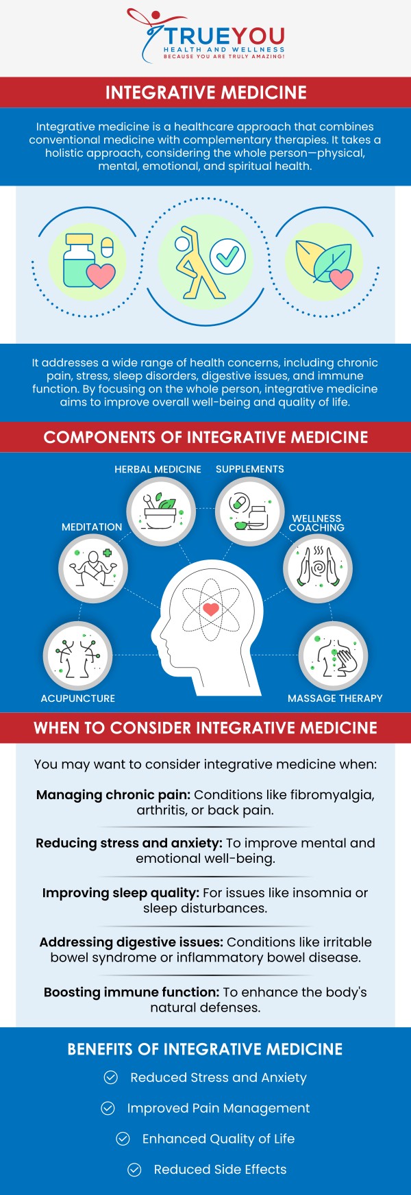 Integrative medicine combines conventional medical treatments with alternative therapies to treat the whole person—body, mind, and spirit. This approach prioritizes personalized care, aiming to optimize health by addressing all factors contributing to a patient's condition. Our team offers integrative medicine at True You Health and Wellness Clinic. For more information, contact us or book an appointment online. Our clinic is conveniently located at 904 Princess Anne St Suite 207, Fredericksburg, VA 22401. Integrative medicine combines conventional medical treatments with alternative therapies to treat the whole person—body, mind, and spirit. This approach prioritizes personalized care, aiming to optimize health by addressing all factors contributing to a patient's condition. Our team offers integrative medicine at True You Health and Wellness Clinic. For more information, contact us or book an appointment online. Our clinic is conveniently located at 904 Princess Anne St Suite 207, Fredericksburg, VA 22401.
