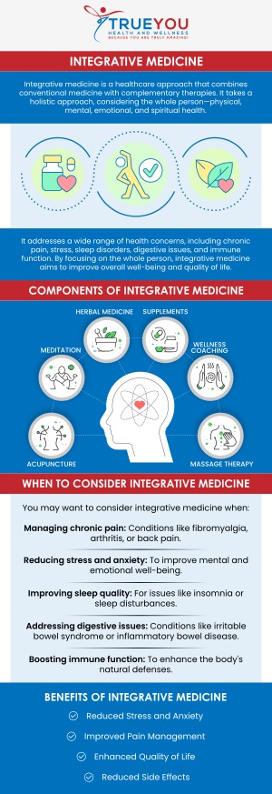 Integrative medicine combines conventional medical treatments with alternative therapies to treat the whole person—body, mind, and spirit. This approach prioritizes personalized care, aiming to optimize health by addressing all factors contributing to a patient's condition. Our team offers integrative medicine at True You Health and Wellness Clinic. For more information, contact us or book an appointment online. Our clinic is conveniently located at 904 Princess Anne St Suite 207, Fredericksburg, VA 22401. Integrative medicine combines conventional medical treatments with alternative therapies to treat the whole person—body, mind, and spirit. This approach prioritizes personalized care, aiming to optimize health by addressing all factors contributing to a patient's condition. Our team offers integrative medicine at True You Health and Wellness Clinic. For more information, contact us or book an appointment online. Our clinic is conveniently located at 904 Princess Anne St Suite 207, Fredericksburg, VA 22401.