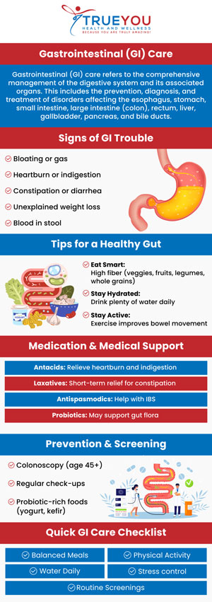 Gastrointestinal health services at True You Health and Wellness focus on diagnosing and treating digestive issues to improve your overall wellness. Our team provides comprehensive care for conditions like IBS, acid reflux, and more. We work with you to create a personalized plan to optimize your digestive health. For more information, contact us or book an appointment online. We are conveniently located at 904 Princess Anne St Suite 207, Fredericksburg, VA 22401. Gastrointestinal health services at True You Health and Wellness focus on diagnosing and treating digestive issues to improve your overall wellness. Our team provides comprehensive care for conditions like IBS, acid reflux, and more. We work with you to create a personalized plan to optimize your digestive health. For more information, contact us or book an appointment online. We are conveniently located at 904 Princess Anne St Suite 207, Fredericksburg, VA 22401.